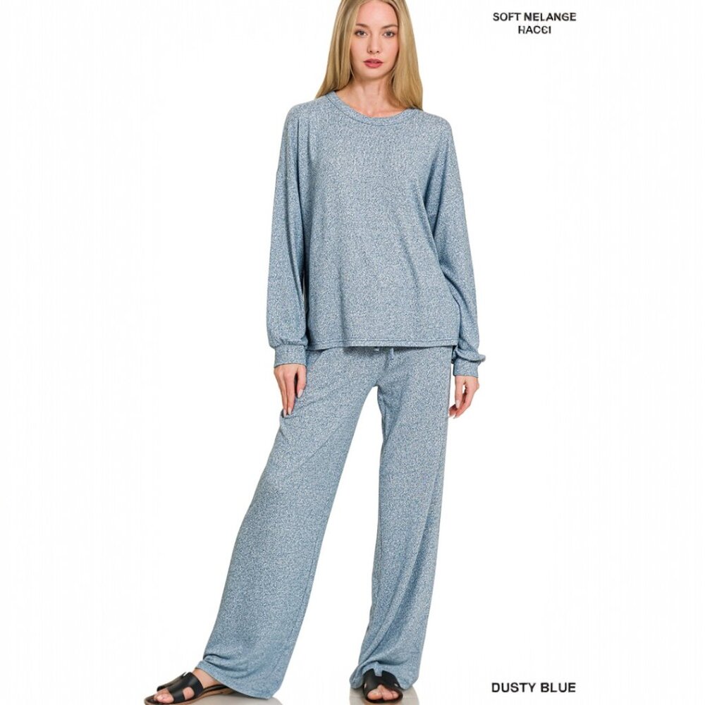 Zenana Soft Melange Hacci Long Sleeve Tee and Joggers Set NEW Dusty Blue/Small